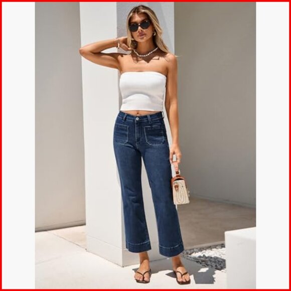 High Waisted Wide Leg Cropped Jeans Stretchy Flare Denim Pants - Picture 5 of 7
